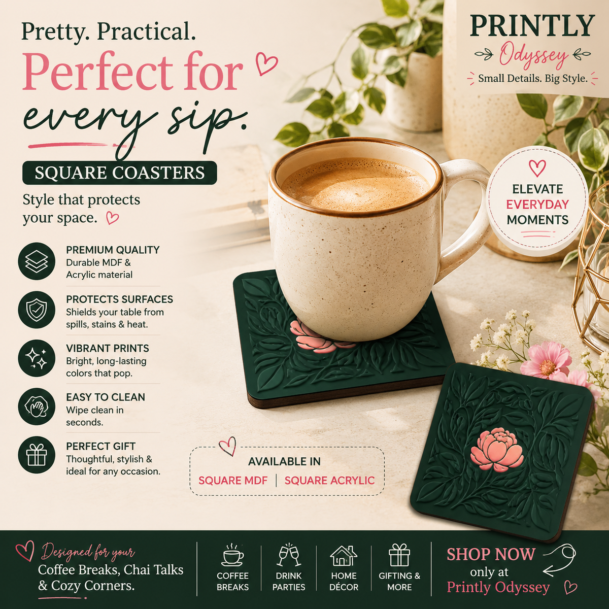 Emerald & Pink Peony Botanical Coaster
