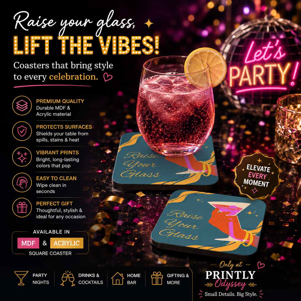 "Raise Your Glass" Pink Cocktail Square Coaster