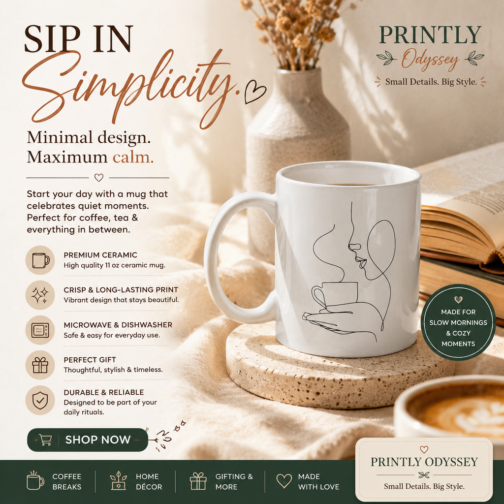 Minimalist One Line Art Face & Coffee Ceramic Mug