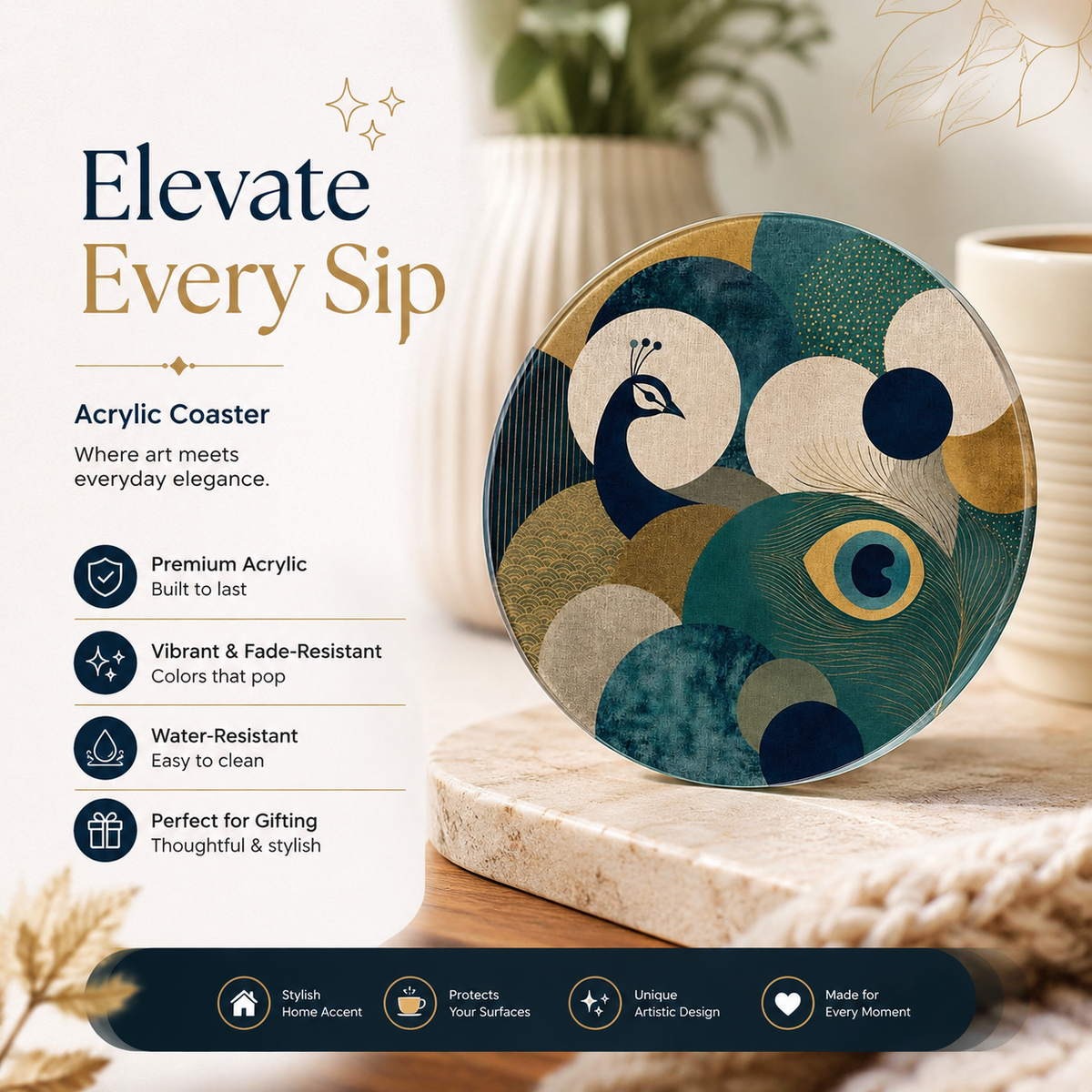 Abstract Peacock Feather Round Acrylic Coaster | Modern Table Decor