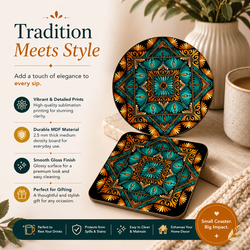Vibrant Teal & Orange Mandala Square MDF Coaster