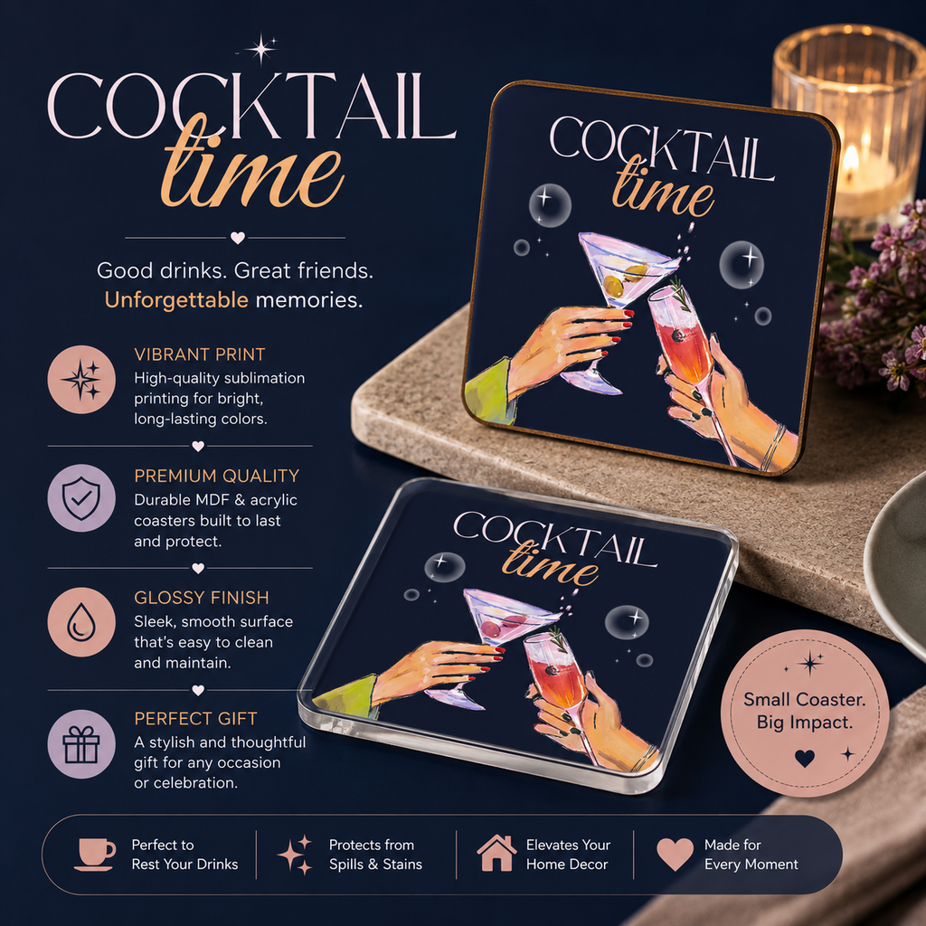 Modern "Cocktail Time" Illustration Square Coaster
