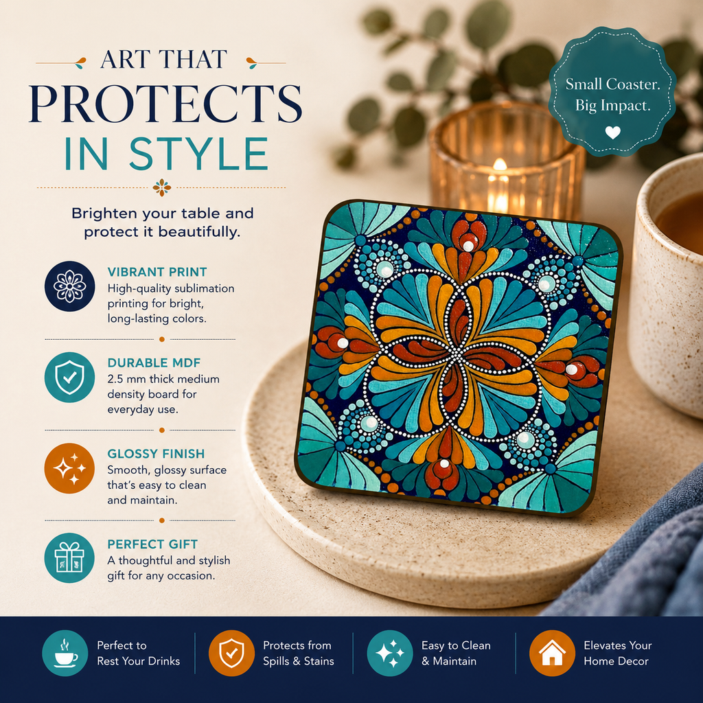 Vibrant Teal & Orange Mandala Print Square MDF Coaster
