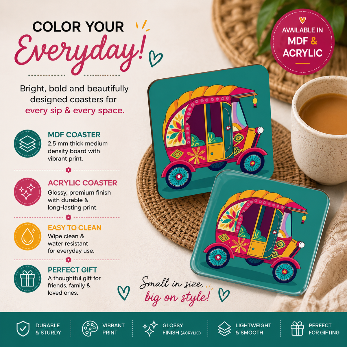 Vibrant Indian Auto Rickshaw Pop Art Square Coaster-Desi Pop Culture Table Decor