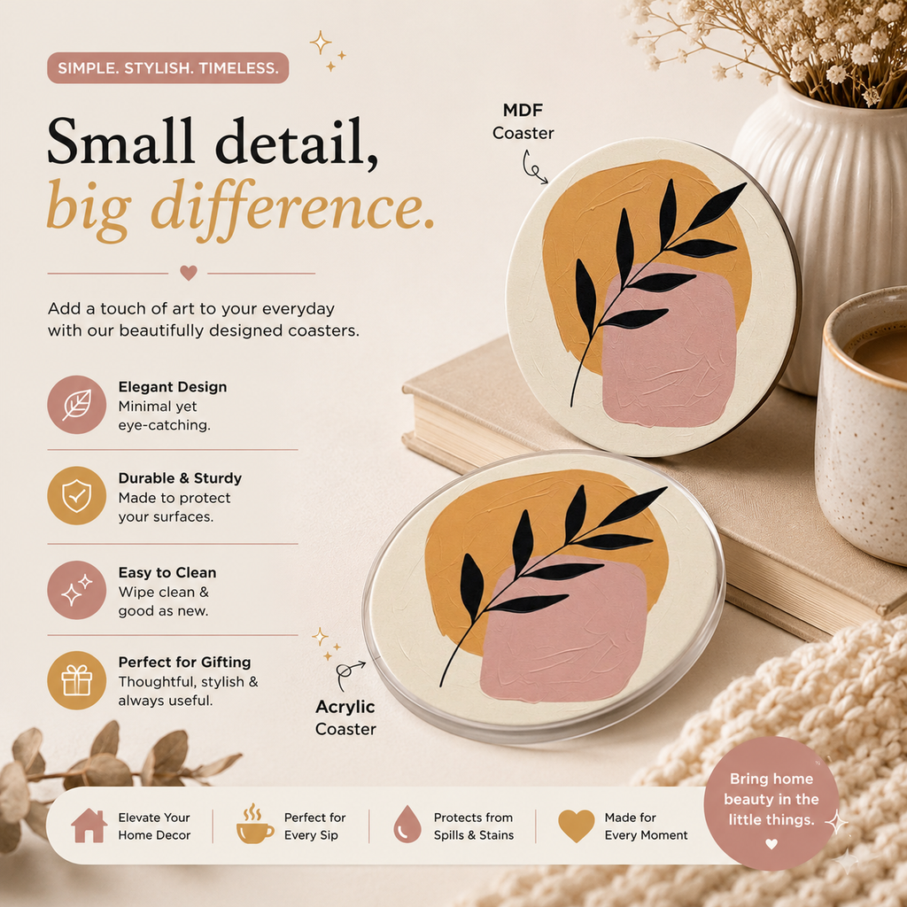 Modern Boho Leaf & Terracotta Shapes Round Coaster