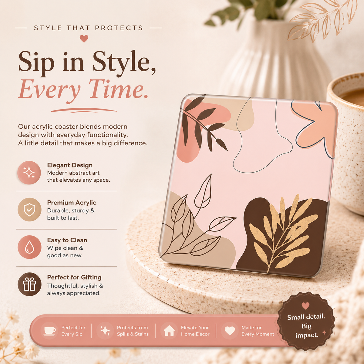 Abstract Boho Floral & Line Art Square Acrylic Coaster
