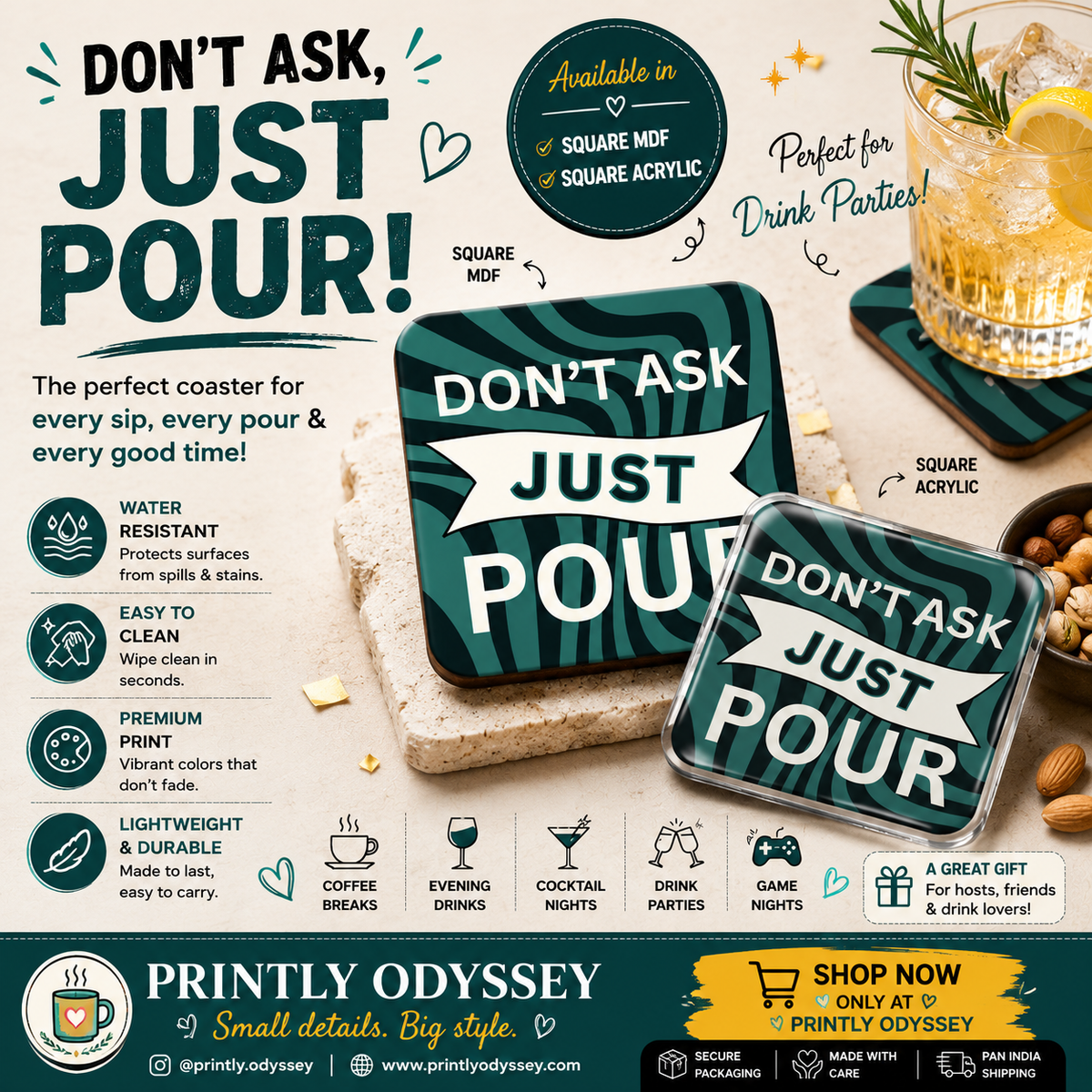 "Don't Ask Just Pour" Funny Drink Coaster| Home Bar & Party Accessories