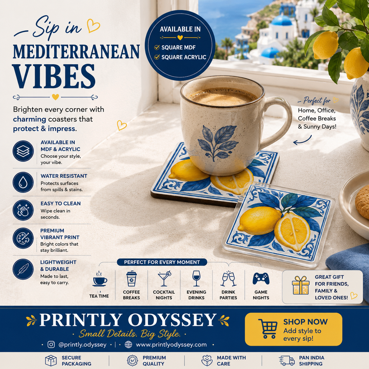 Fresh Mediterranean Lemon Tile Square Coaster