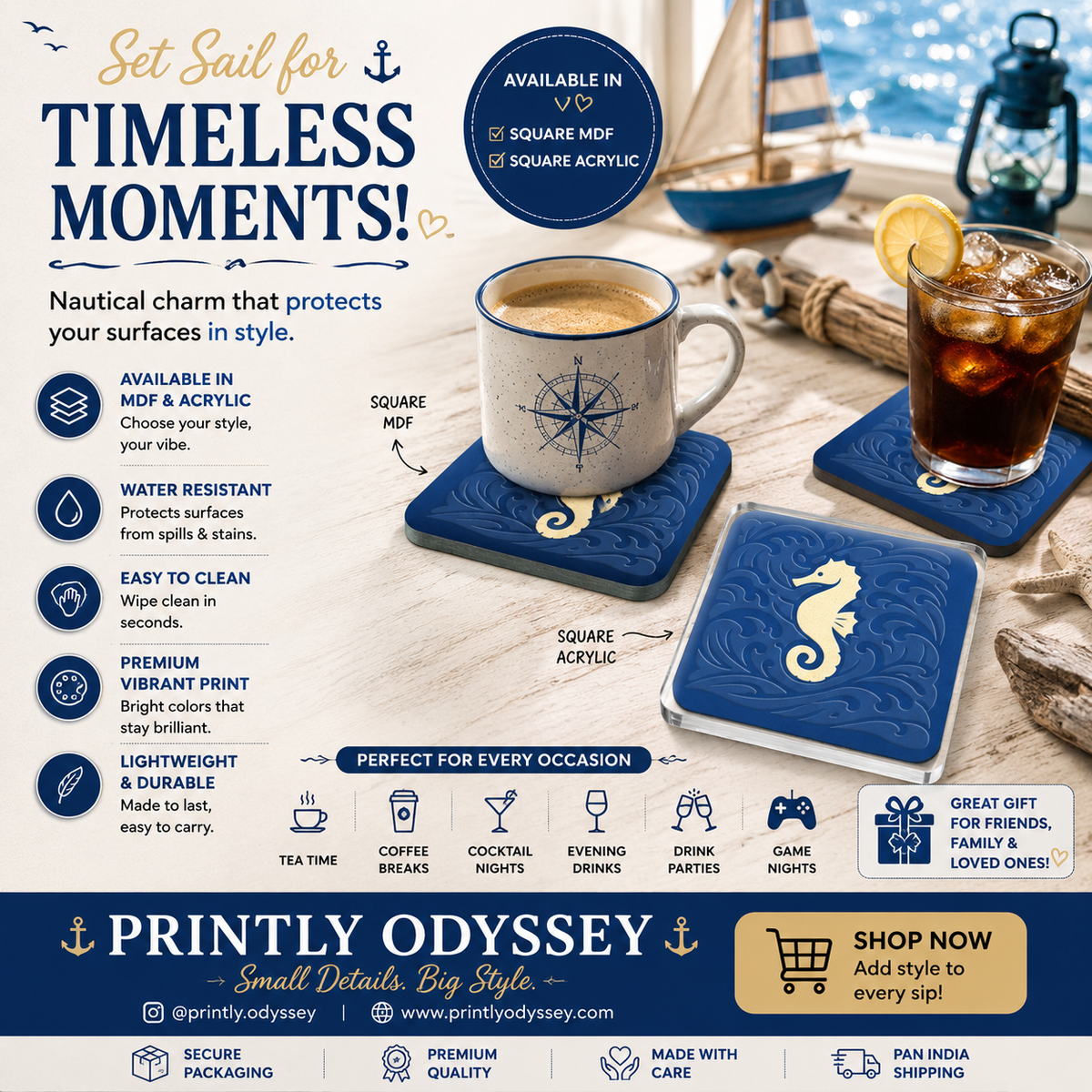 Nautical Drinkware & Mug Mat|Golden Seahorse Royal Blue Square Coaster
