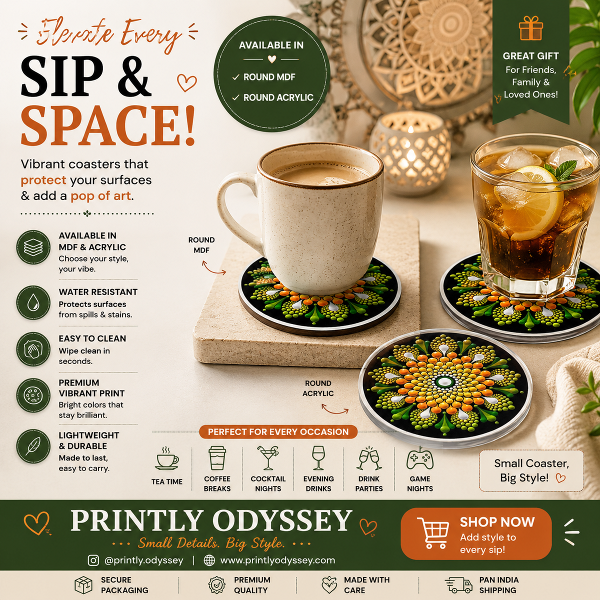 Intricate Dot Art Mandala Round Coaster | MDF & Acrylic Mug Mat