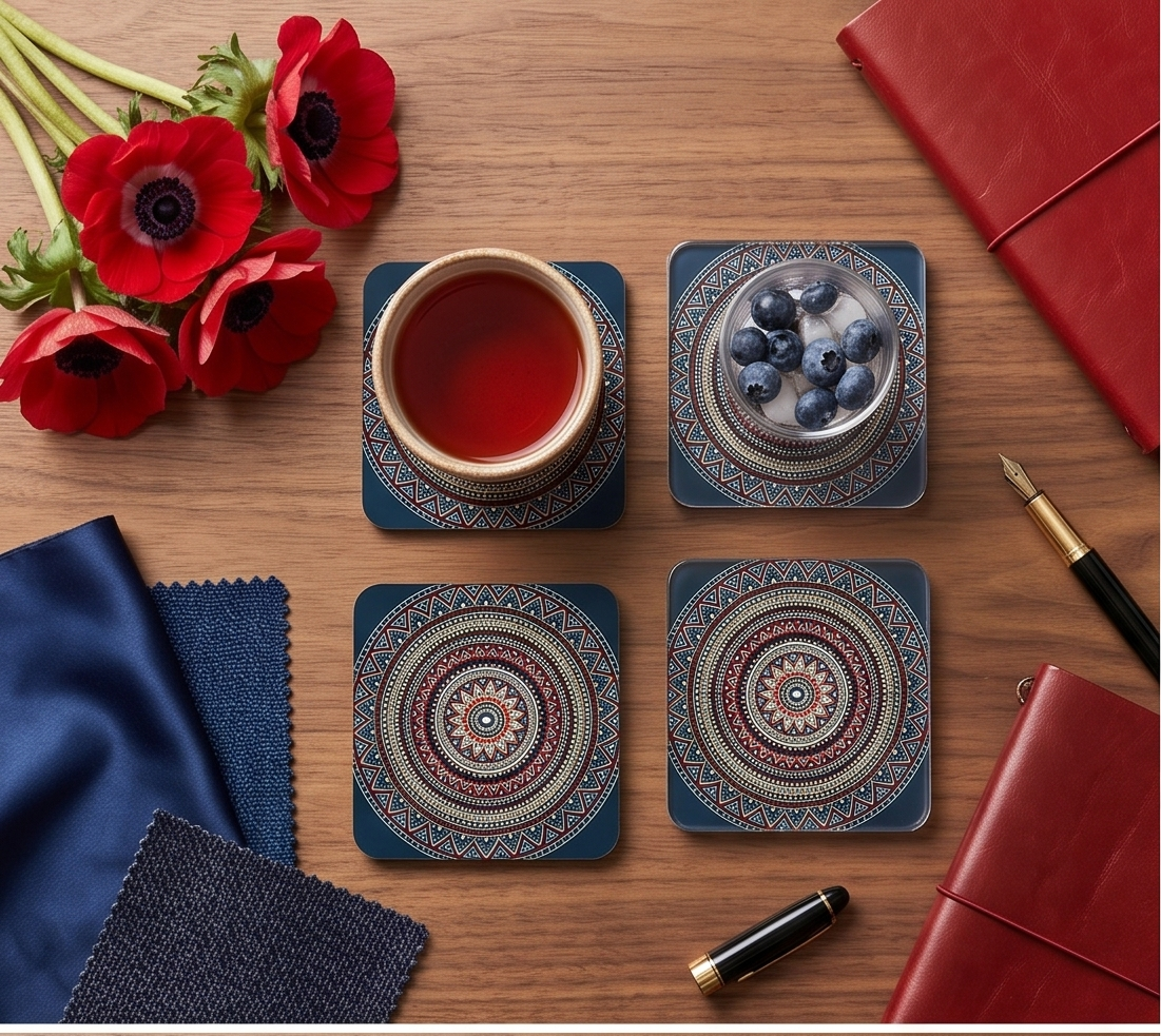 Traditional Crimson & Navy Mandala Art Square Drink Coaster (MDF/Acrylic)