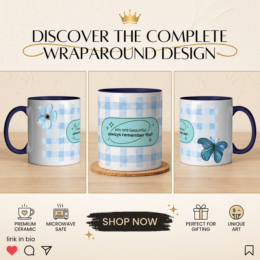 Blue Gingham Floral Ceramic Mug
