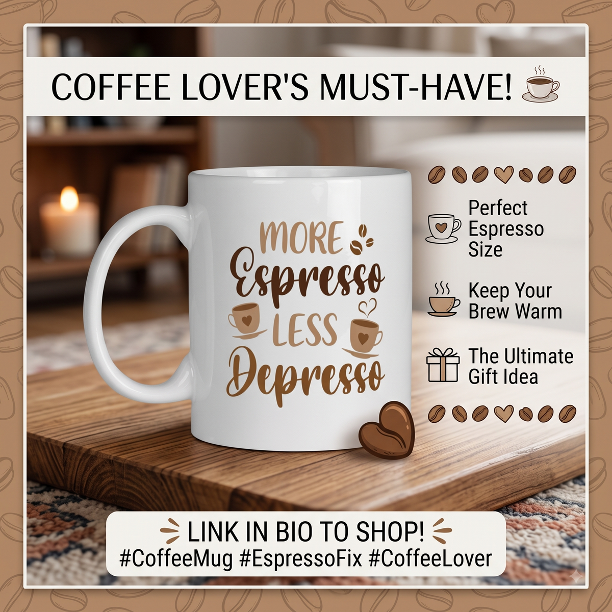 "More Espresso Less Depresso" Funny Coffee Lover Ceramic Mug