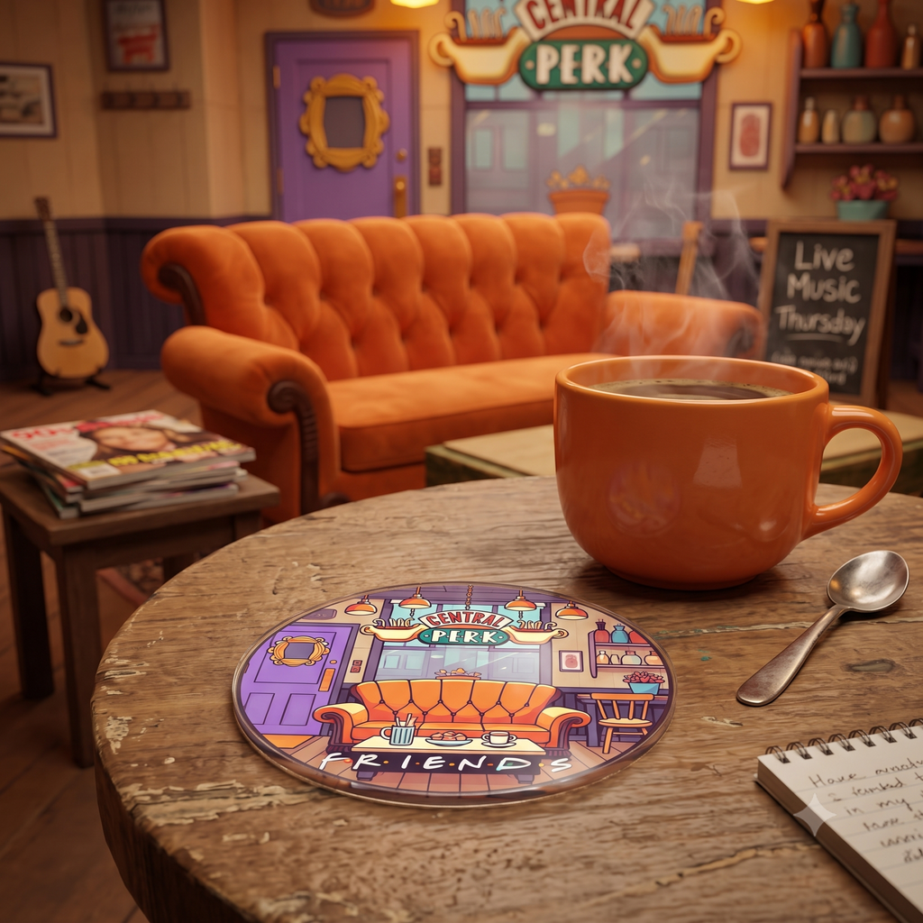Friends TV Show Central Perk Cafe Illustration Round Acrylic Coaster & Desk Decor