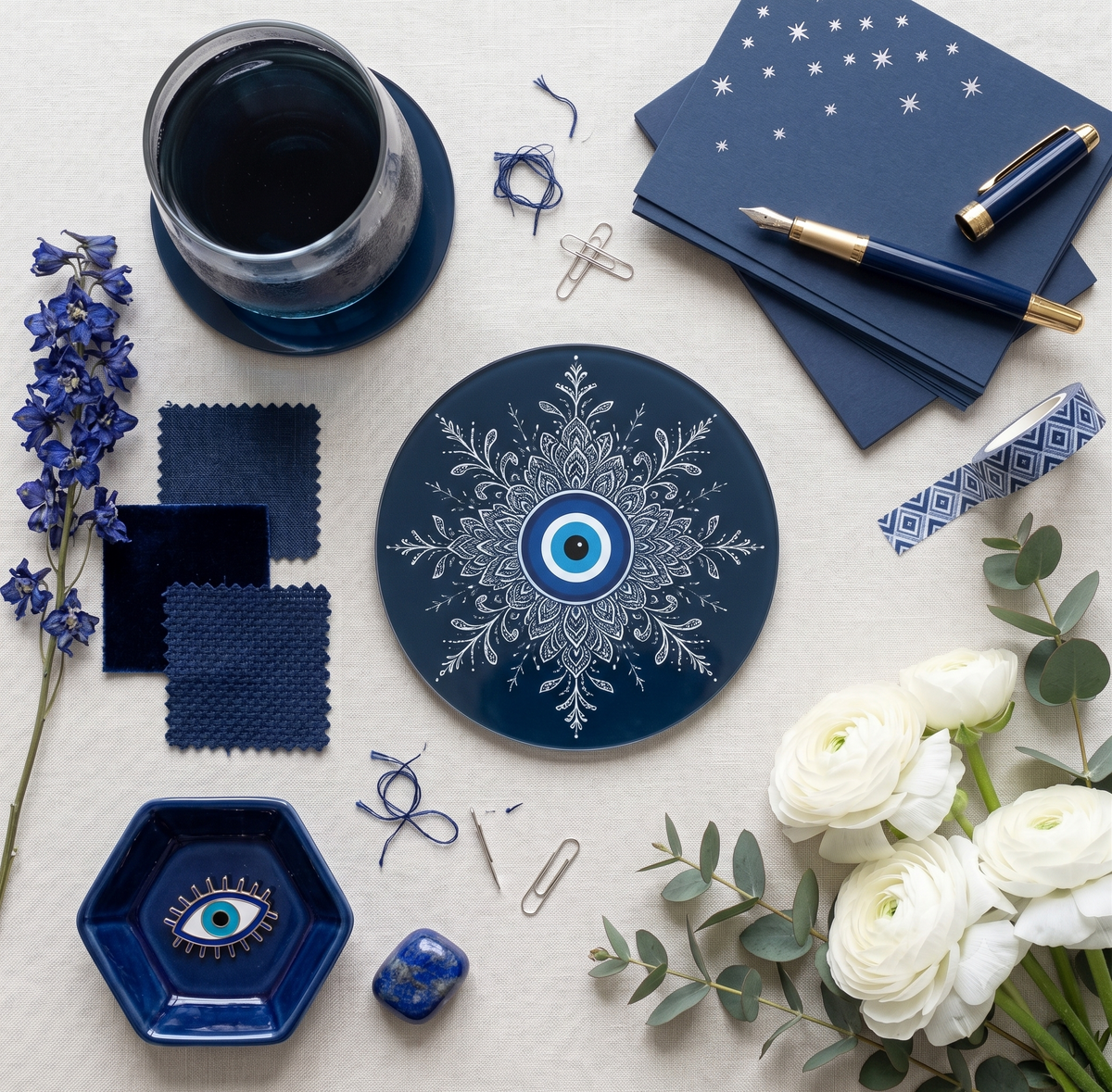 A styled flat-lay featuring a navy blue ceramic plate with a white mandala and evil eye design in the center, surrounded by coordinating navy blue accessories, white flowers, and blue fabric swatches on a light beige background.
