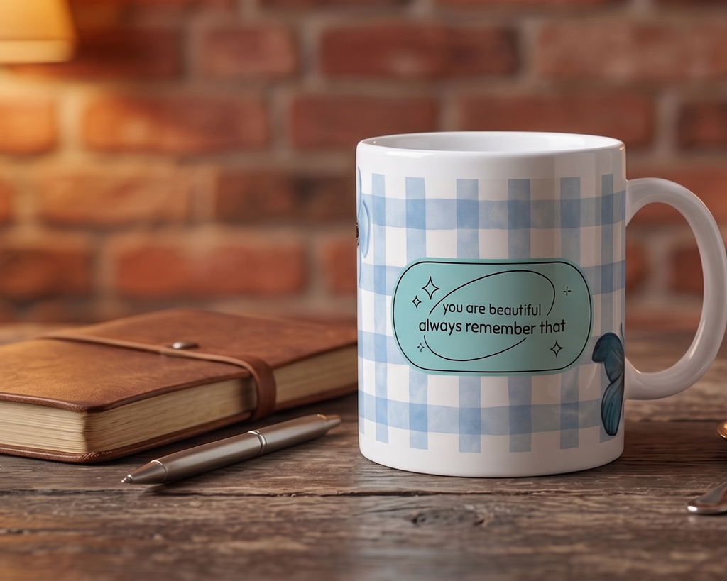Blue Gingham Floral Ceramic Mug