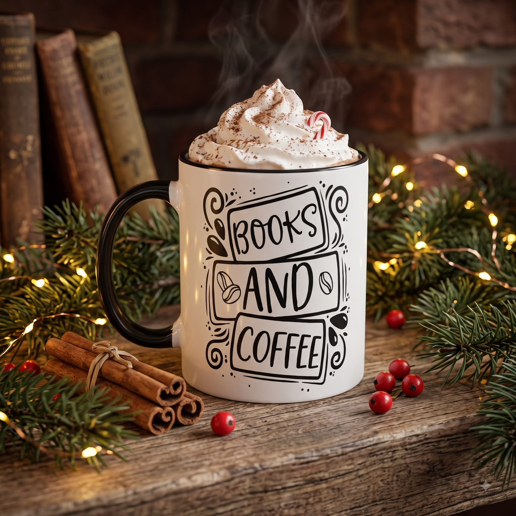 "Books and Coffee" Typography Graphic Ceramic Coffee Mug