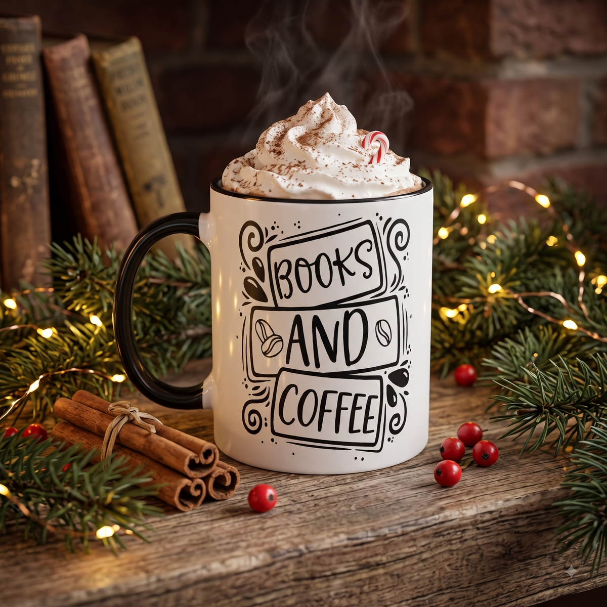 "Books and Coffee" Typography Graphic Ceramic Coffee Mug