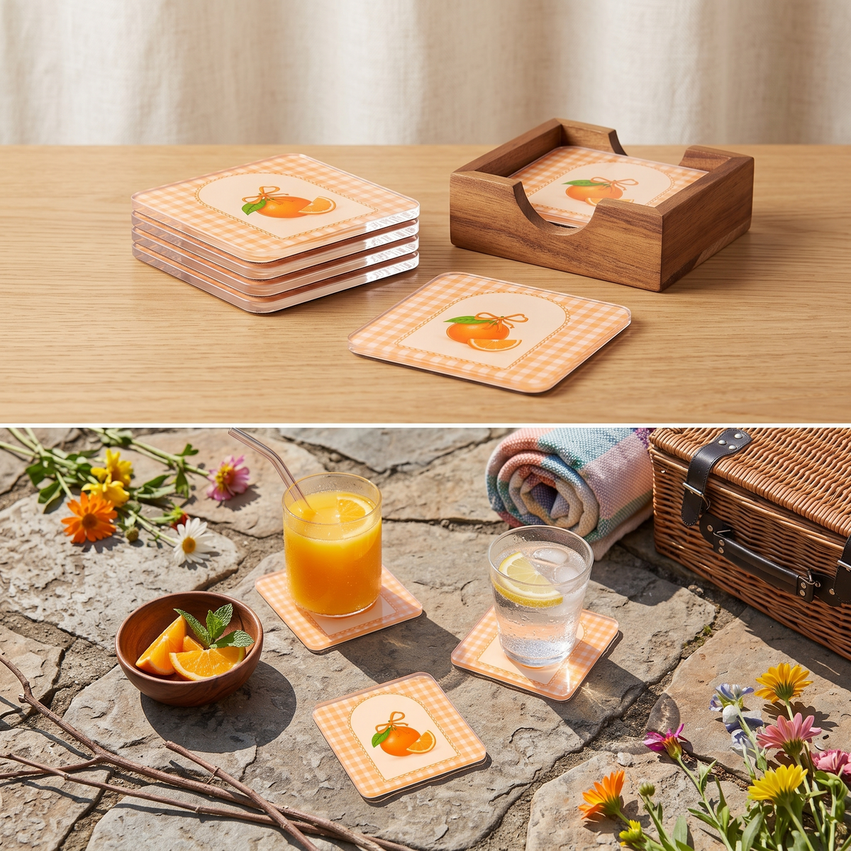 Retro Citrus Fruit Gingham Pattern Square Acrylic Coaster & Table Decor