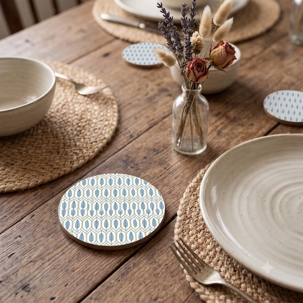 Mid-Century Wheat Motif Round Drink Coaster (MDF/Acrylic)