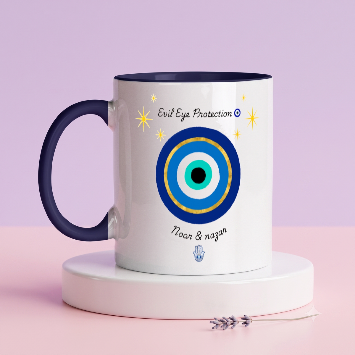 Mystic Evil Eye Symbol Ceramic Tea & Coffee Mug with Navy Blue Handle