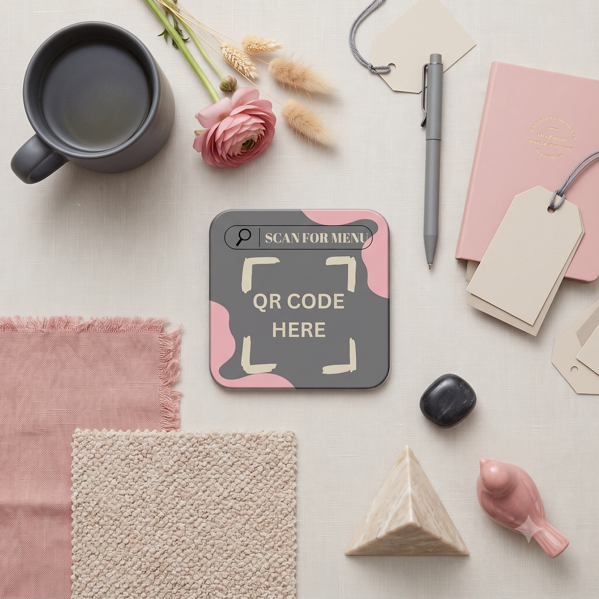 Modern Aesthetic QR Menu Table Coaster – High-Gloss Square Acrylic