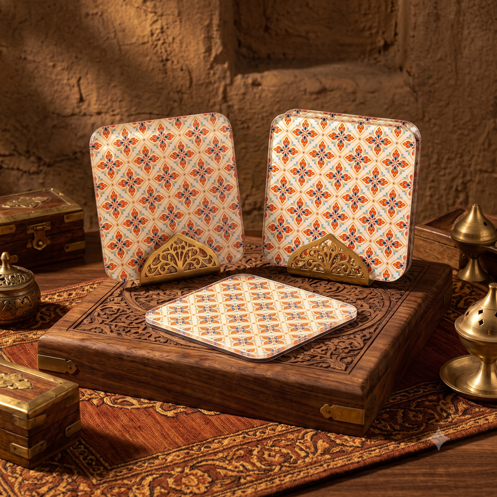 Moroccan Geometric Floral Tile Pattern Square Acrylic Tea & Coffee Coasters