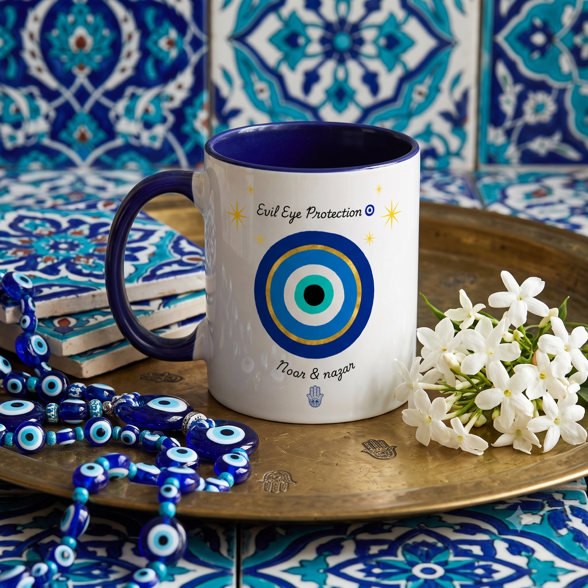 Mystic Evil Eye Symbol Ceramic Tea & Coffee Mug with Navy Blue Handle