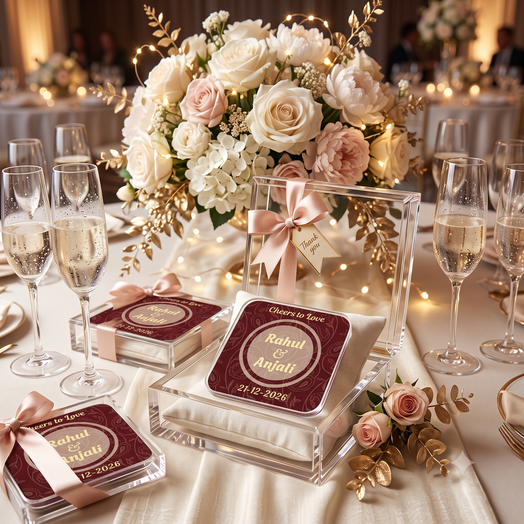 Personalized Wedding Favor Acrylic Coasters – Custom Name & Date Table Favor