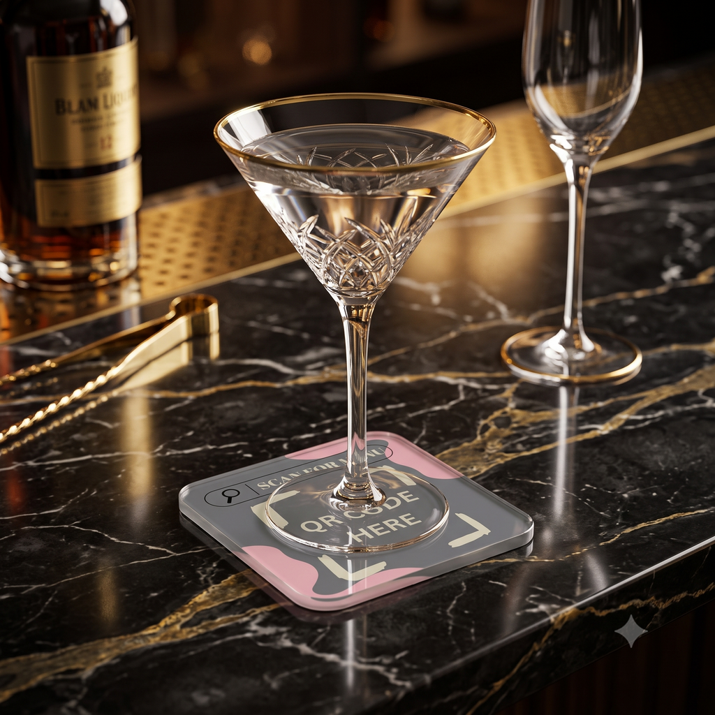 Modern Aesthetic QR Menu Table Coaster – High-Gloss Square Acrylic