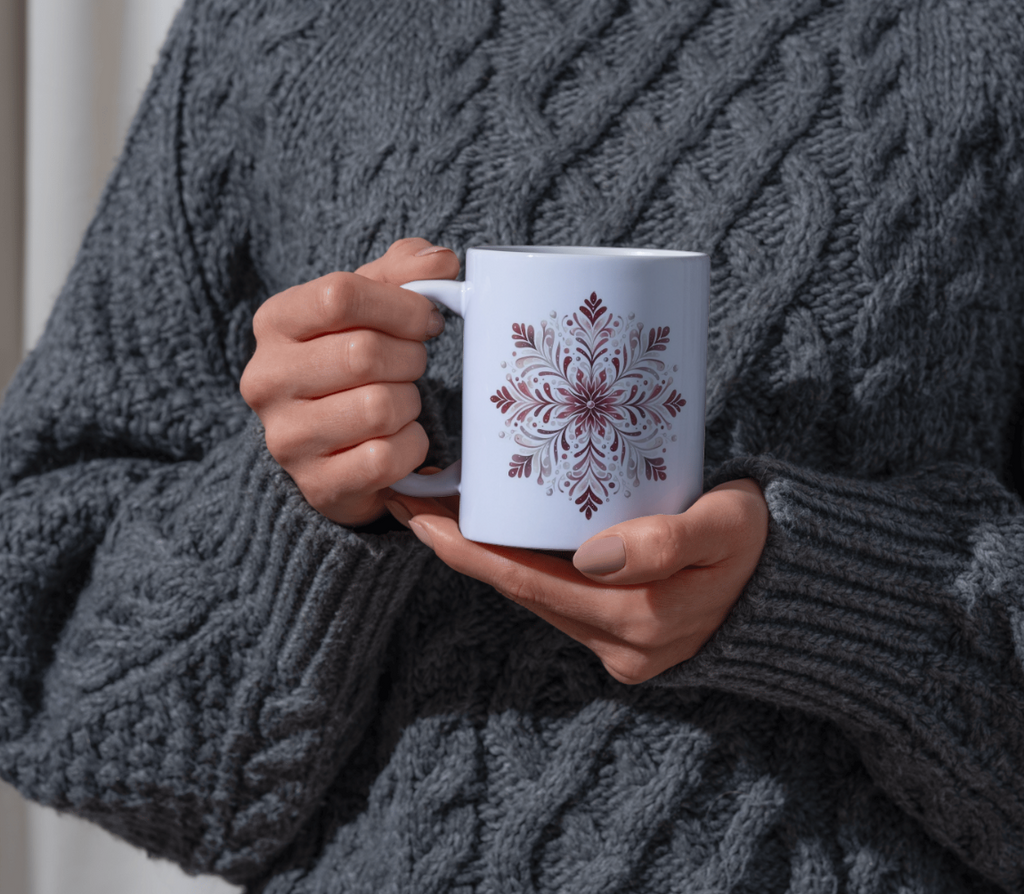 Person wearing a gray sweater holding a white mug with a red snowflake design.