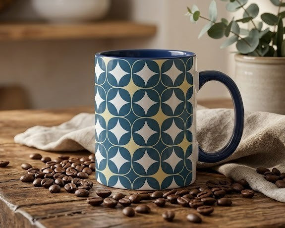 A ceramic coffee mug with a blue and cream geometric pattern, set on a rustic wooden table surrounded by coffee beans and a linen cloth.